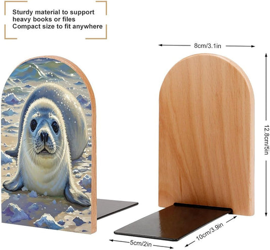 Harp Seal Painting Bookends 1 Pair Heavy Duty Book Ends for Shelves Non-Skid Bookend Supports Wooden Book Holders with Metal Base Desk Organizers Books Storage to Hold Books