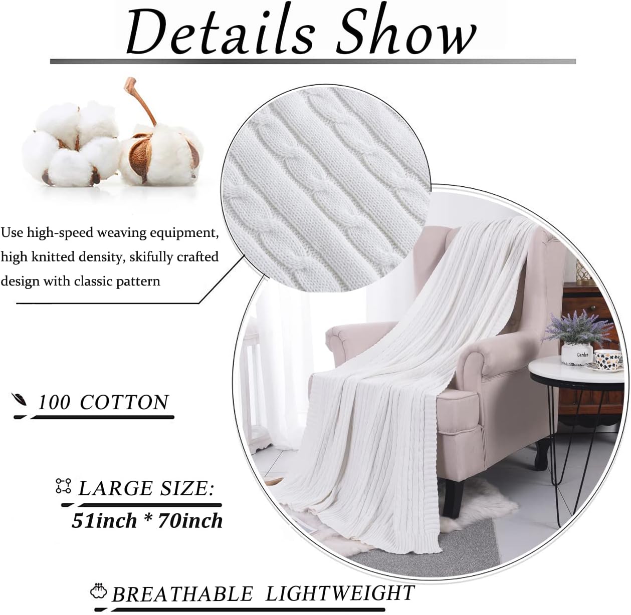Cotton Cable Knit White Throw Blanket, Super Soft Warm Knitted Throw Blanket for Couch, Sofa, Chair, Bed - Extra Cozy, Machine Washable Comfortable Home Decor
