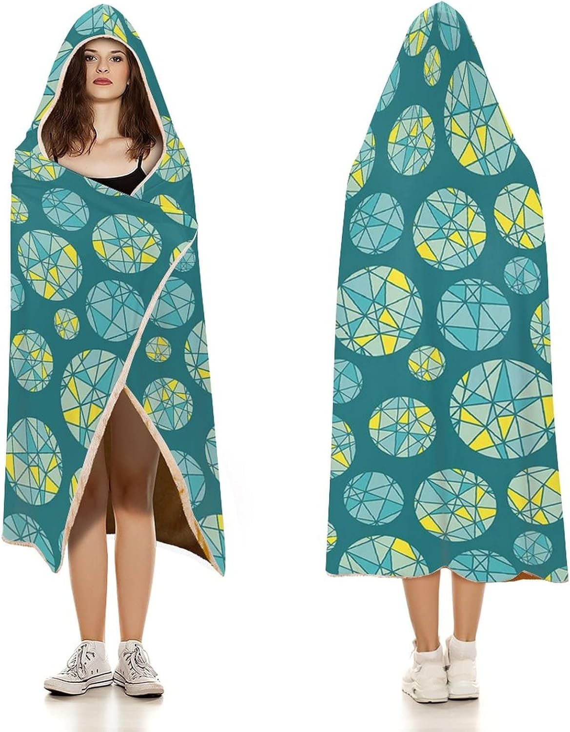 Throw Blankets, Teal Women Men Hooded Blanket, Geometric Mosaic Circles with Triangles Hipster Artistic, Soft Warm Cozy, 40 x 50inches, Studying Reading Snuggling Napping Office, Teal Yellow