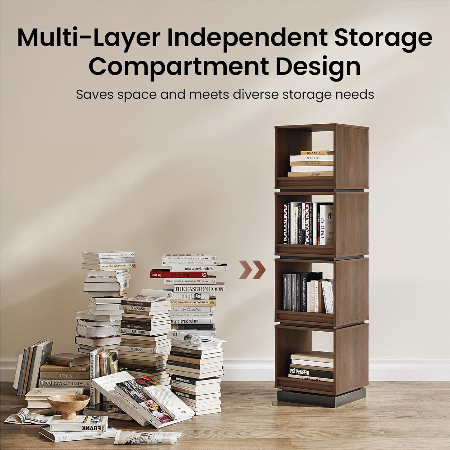 4-Tier Rotating Bookshelf Tower, 360° Spinning Wood Narrow Tall Book Shelf Organizer, Modern Geometric Storage for Sapce Saving, Revolving Bookcase for Living Room, Bedroom, Home Office