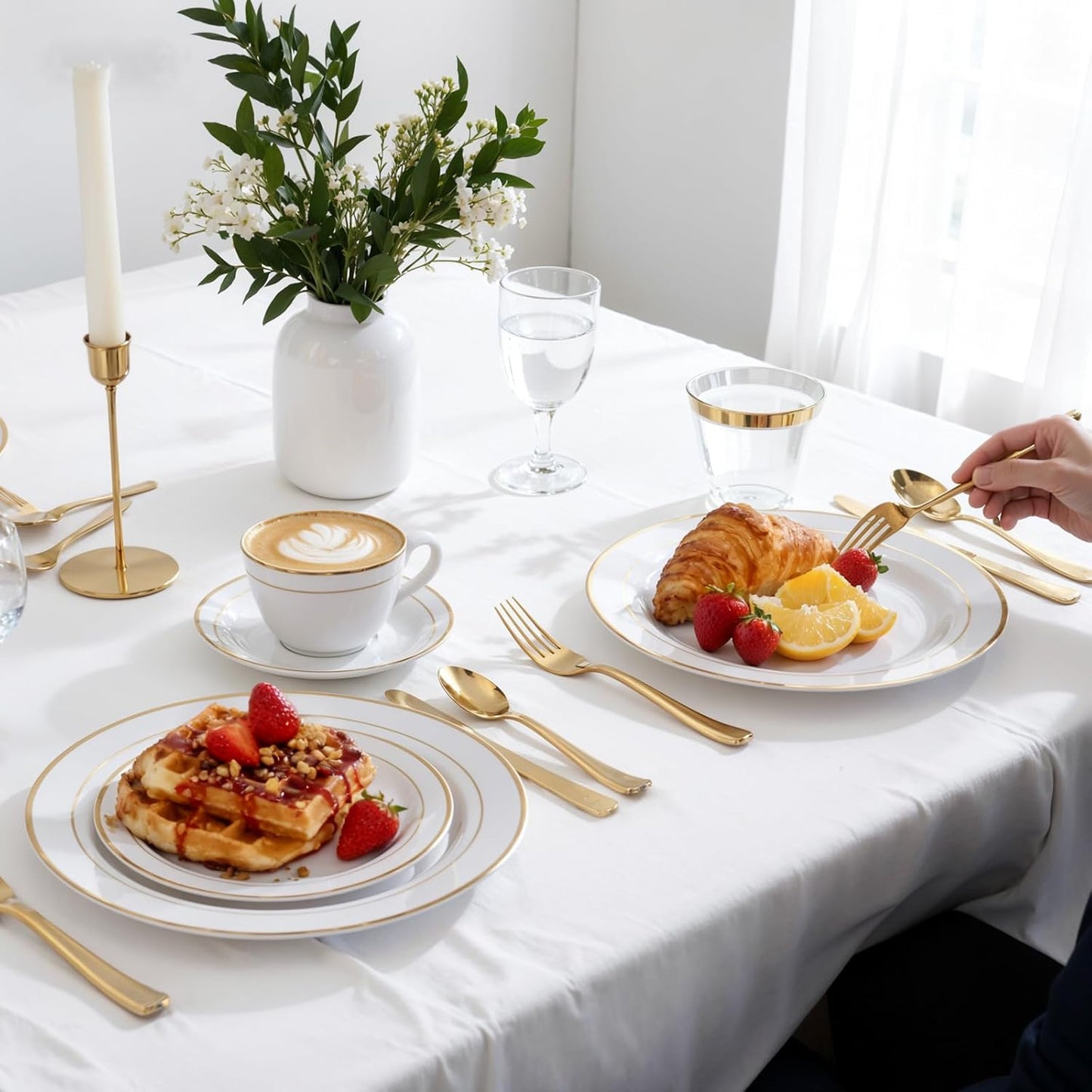 350Piece Gold Dinnerware Set for 50 Guests - Gold Plastic Plates with Disposable Cutlery Include:50Dinner Plates-50Dessert Plates-50Pre Rolled Napkins with Silverware for Wedding