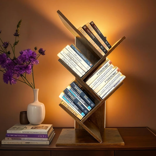 Godferyxin Tree Bookshelf with Liting,Small Bookshelf LED and Desktop Book Shelf for Office, Home or School Mini Bookcase for Wood Displaying Books, CDs, Magazines Wood Shelf Rack