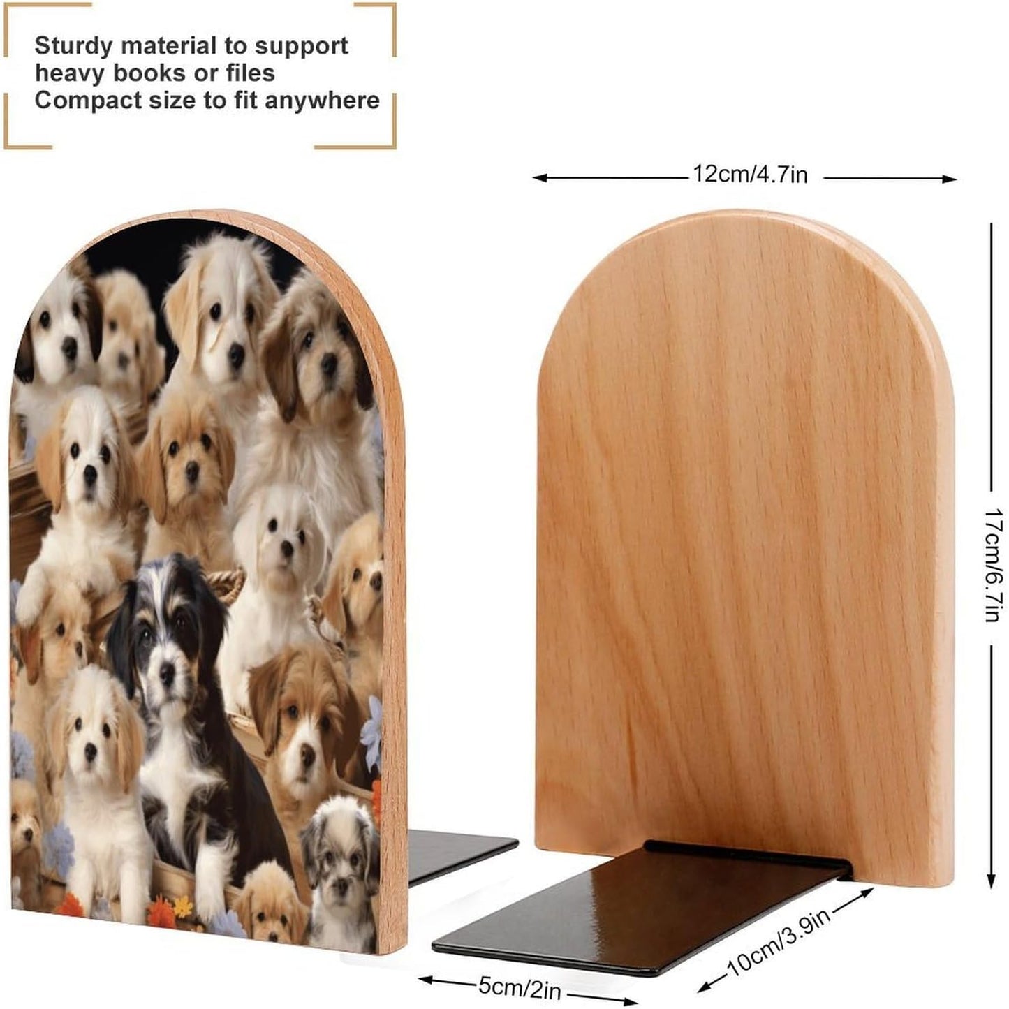 Cute Pet Dogs Bookend for Shelves Wooden Book End Large Size Sturdy Book Holders Stoppers with Metal Base for Bookshelves Slick Decorative Bookends Stands