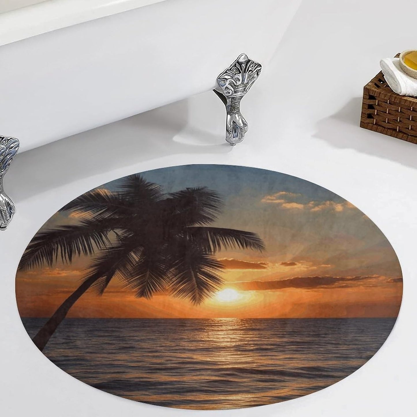 Sunset Palm Tree Ocean Circle Rug Retro Luxury Coral Velvet Floor Mat Non Slip Soft Indoor Floor Carpet Comfy Thickened Area Rugs Modern Aesthetic Minimalist Carpets for Home Decor