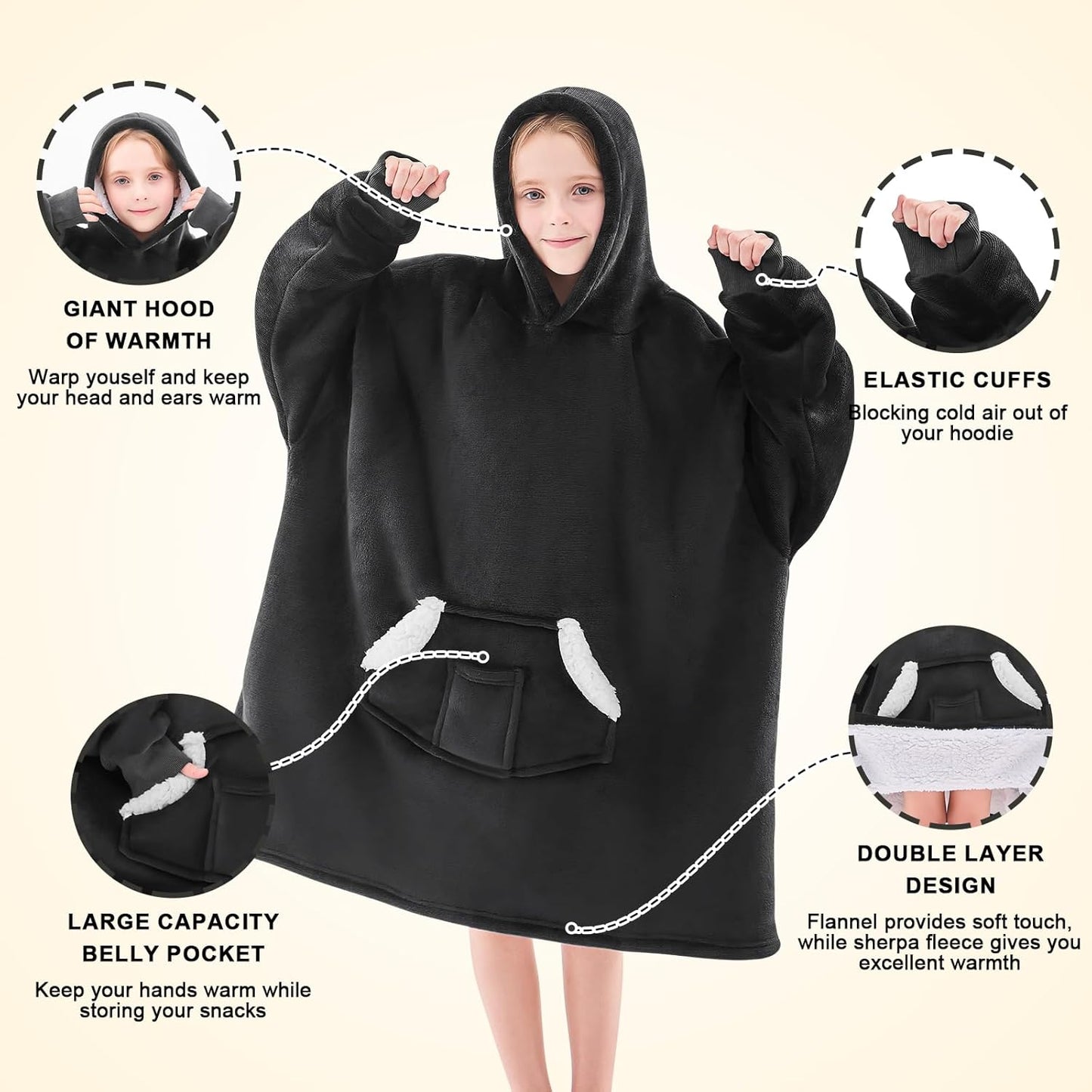Wearable Blanket Hoodie for Kids & Teens 6-13 Year Old, Oversized Sherpa Fleece Sweatshirt with Pocket, Soft Cozy Hooded Blankets Christmas Birthday Gift for Boys and Girls, Black