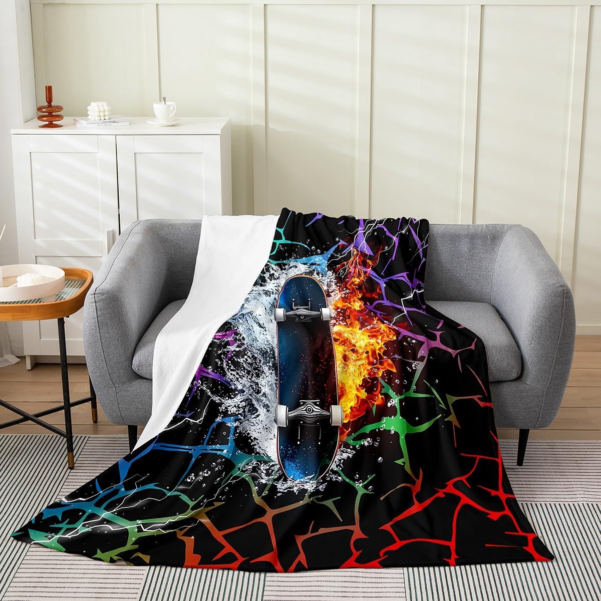 Erosebridal Skateboard Blanket Twin 60x80, Ombre Geometric Modern Kids Girls Throw Blanket For Sofa Bed, Fire Water Vehicles Luxury Soft Fleece Blanket, Black Orange Abstract All Seasons Fuzzy Blanket