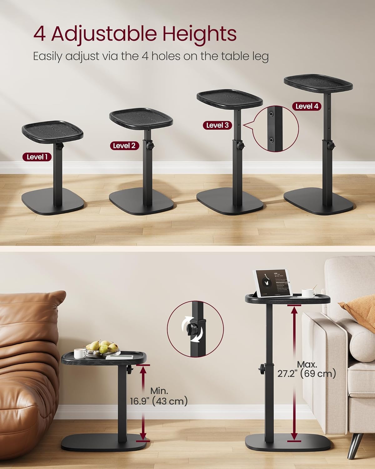VASAGLE Couch Table, C-Shaped Sofa Side End Table, Bedside Table, Adjustable Height, for Small Spaces, 11.8 x 15.7 x 27.2 Inches, for Living Room, Bedroom, Ink Black ULET363B101