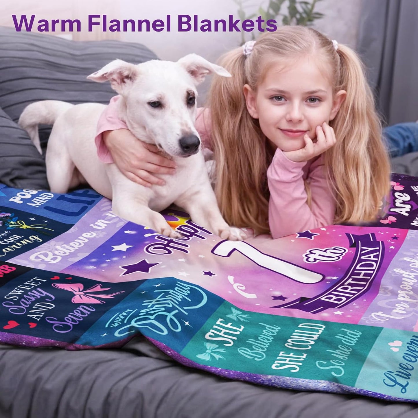 7 Year Old Girl Birthday Gift, Gifts for 7 Year Old Girls, Happy 7th Birthday Girls Throw Blanket 50 x 60 Inch, 7th Birthday Decorations for Girl
