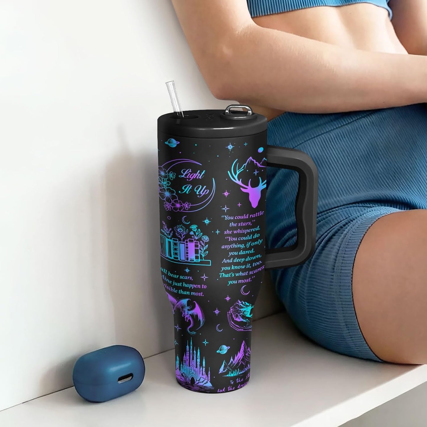 34HD Starlight Tumbler 40oz with Handle and Straw, Fantasy Light It Up Stainless Steel Insulated Travel Coffee Mug, Dark Cup for Book Lovers - Birthday Gifts, Bookish Items for Him Her & Reading Fan