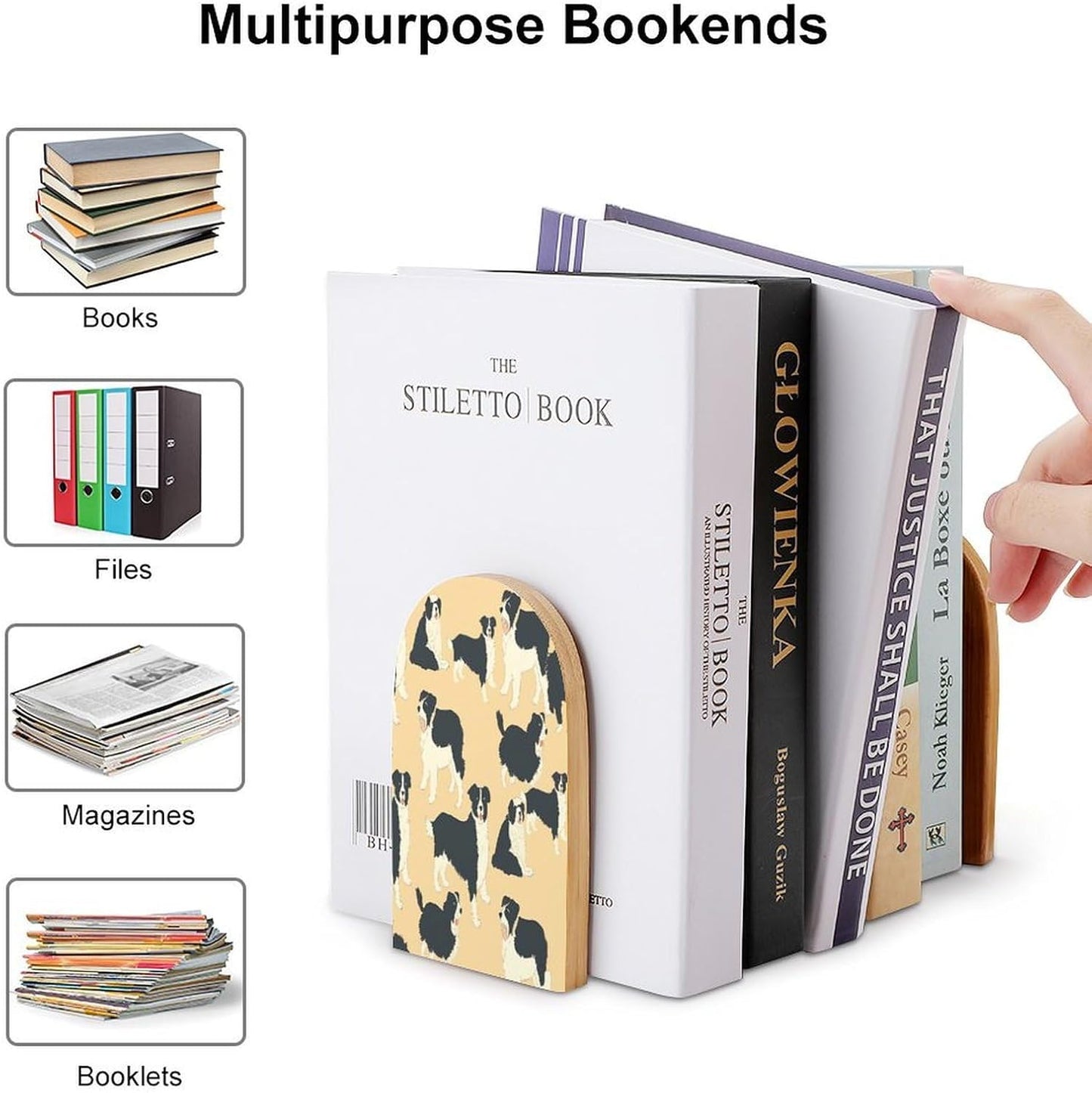 Border Collie Pattern Bookends 1 Pair Heavy Duty Book Ends for Shelves Non-Skid Bookend Supports Wooden Book Holders with Metal Base Desk Organizers Books Storage to Hold Books