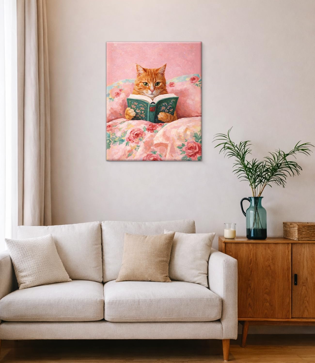 Vintage Cute Cat Pink Wall Art Print - Cat Reading Book Canvas Poster Painting - Pink Girly Wall Decor for Home Bedroom Dorm 8x10 Inch Framed