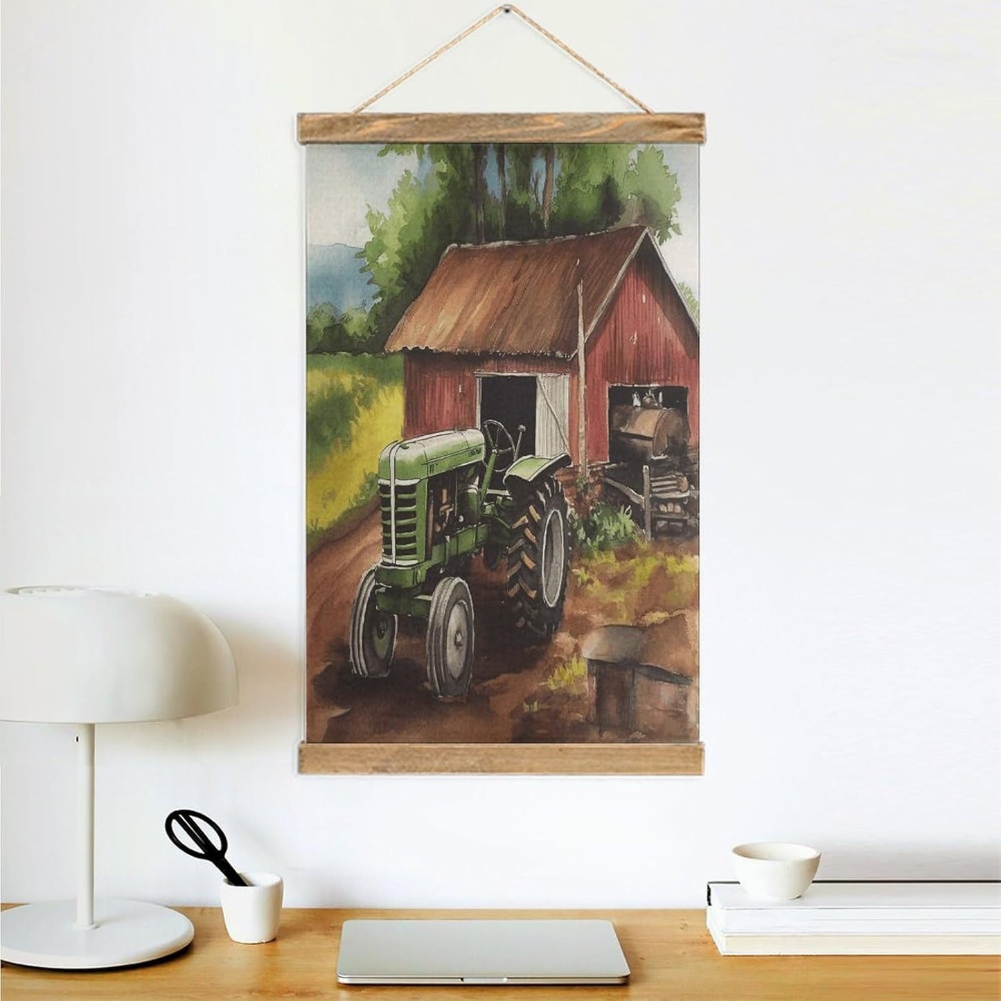 Vintage Tractor on The Farm Poster with Wooden Frame Personalized Linen Hanging Scroll Painting Rustic Wall Hanging Illustrative Modern Artwork Decor for Home Living Room Bedroom Office