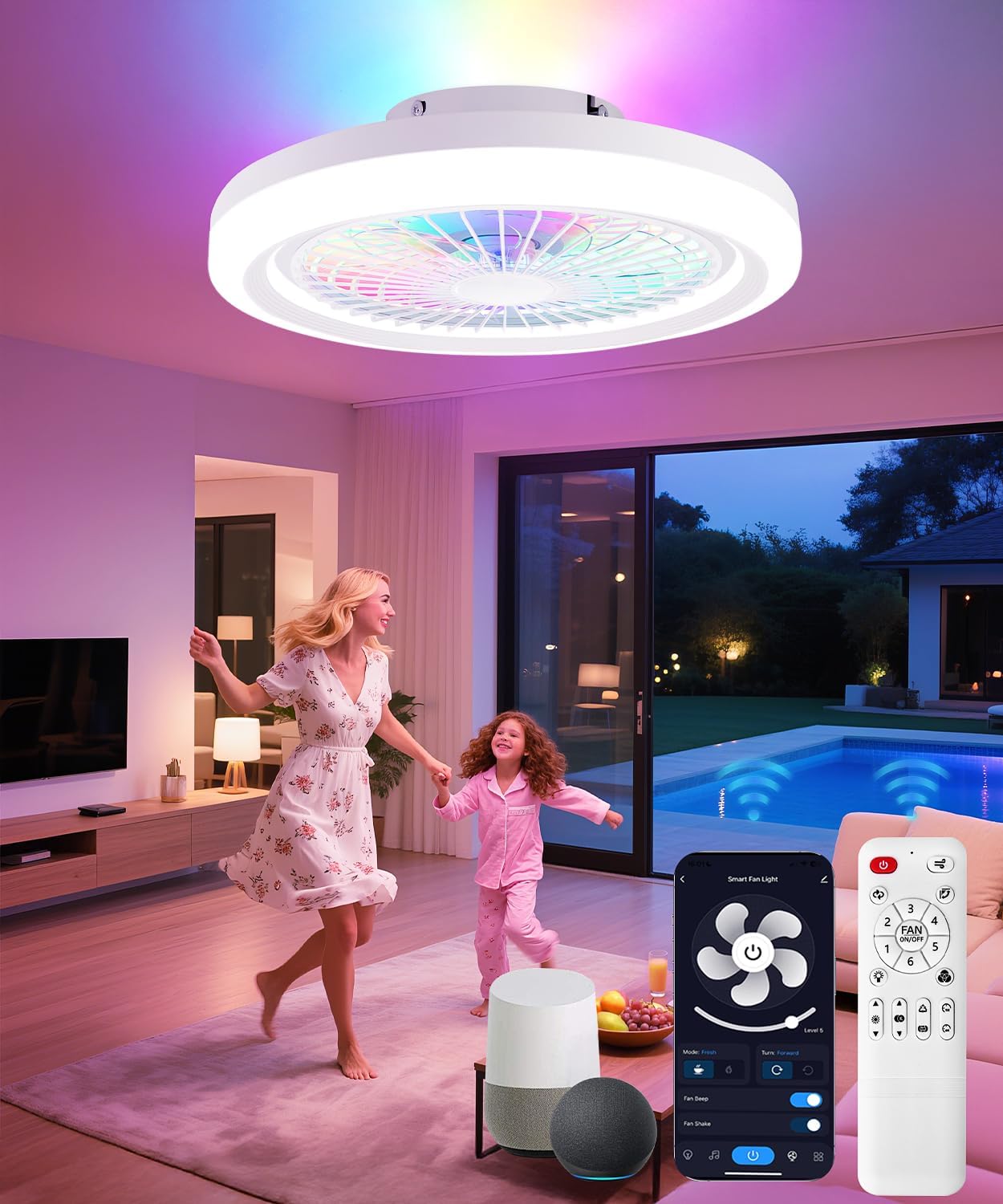 2-in-1 Low Profile Ceiling Fan with Light, 20” Caged Safety Design for Kids - Back RGB Color, Smart APP/Remote Control, Quiet Flush Mount DC Motor, Ideal for Bedroom/Living Room/Kitchen, White