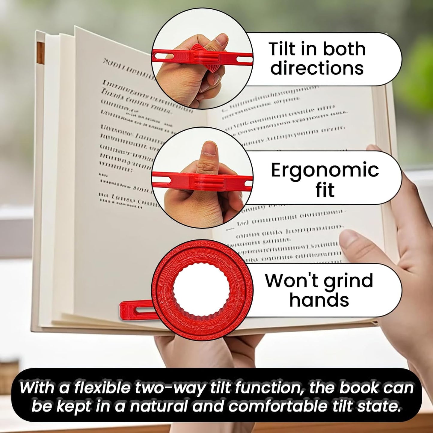 2 Pcs Thumb Page Book Holder for Reading, Rotating Ergonomic Design Reader Book Holder Ring, Adjustable Dual-Angle Tilting Page Device, Bookmark Accessories for Reading Lover (Red)