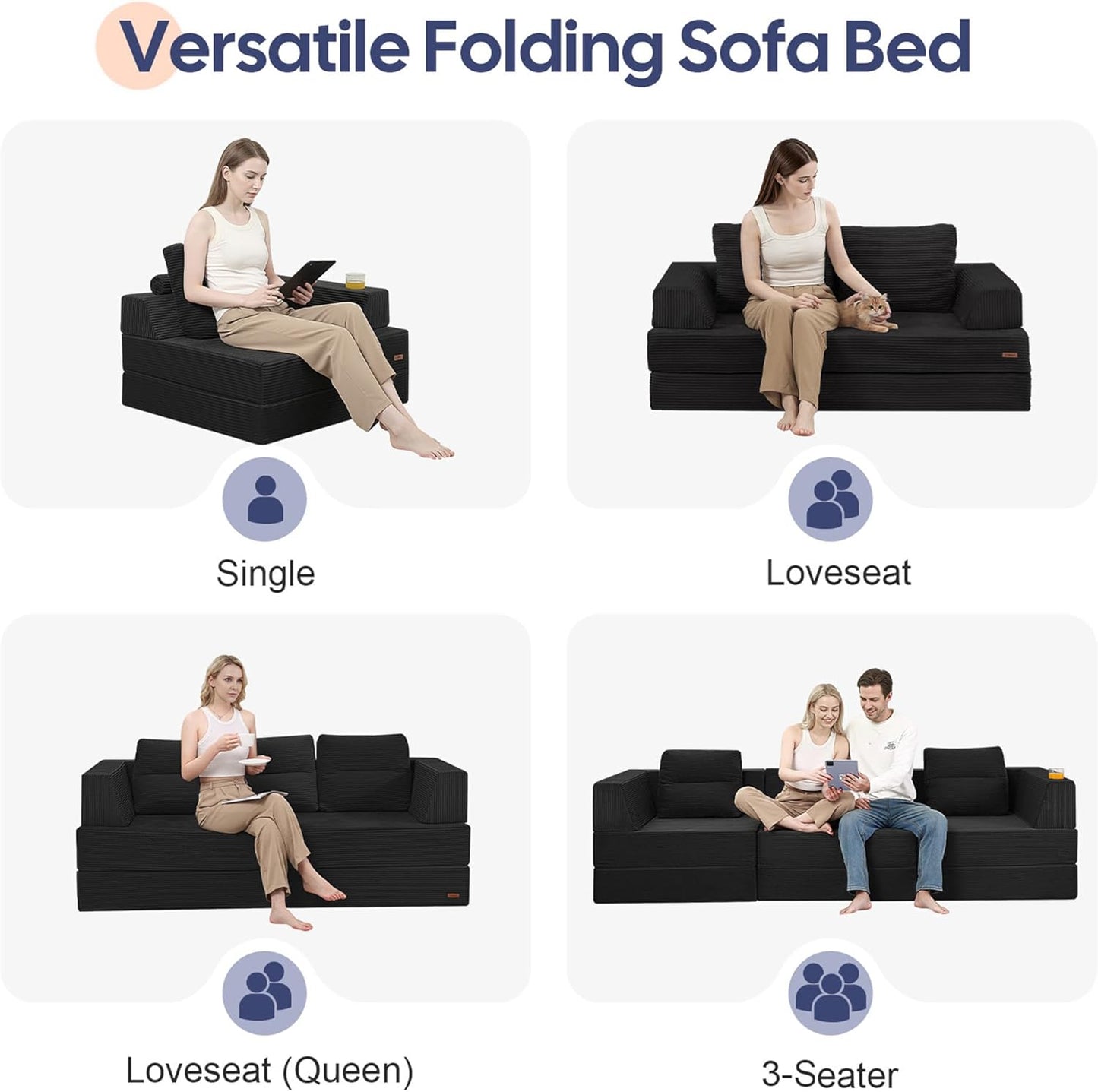 COMAX Folding Sofa Bed, Foldable Couch for Bedroom, Corduroy Convertible Floor Sleeper Futon Chair Foam, 3 in 1 Fold Out Chair Portable Comfy Lounge Couch Single Sofa Bed for Small Space Guest Room