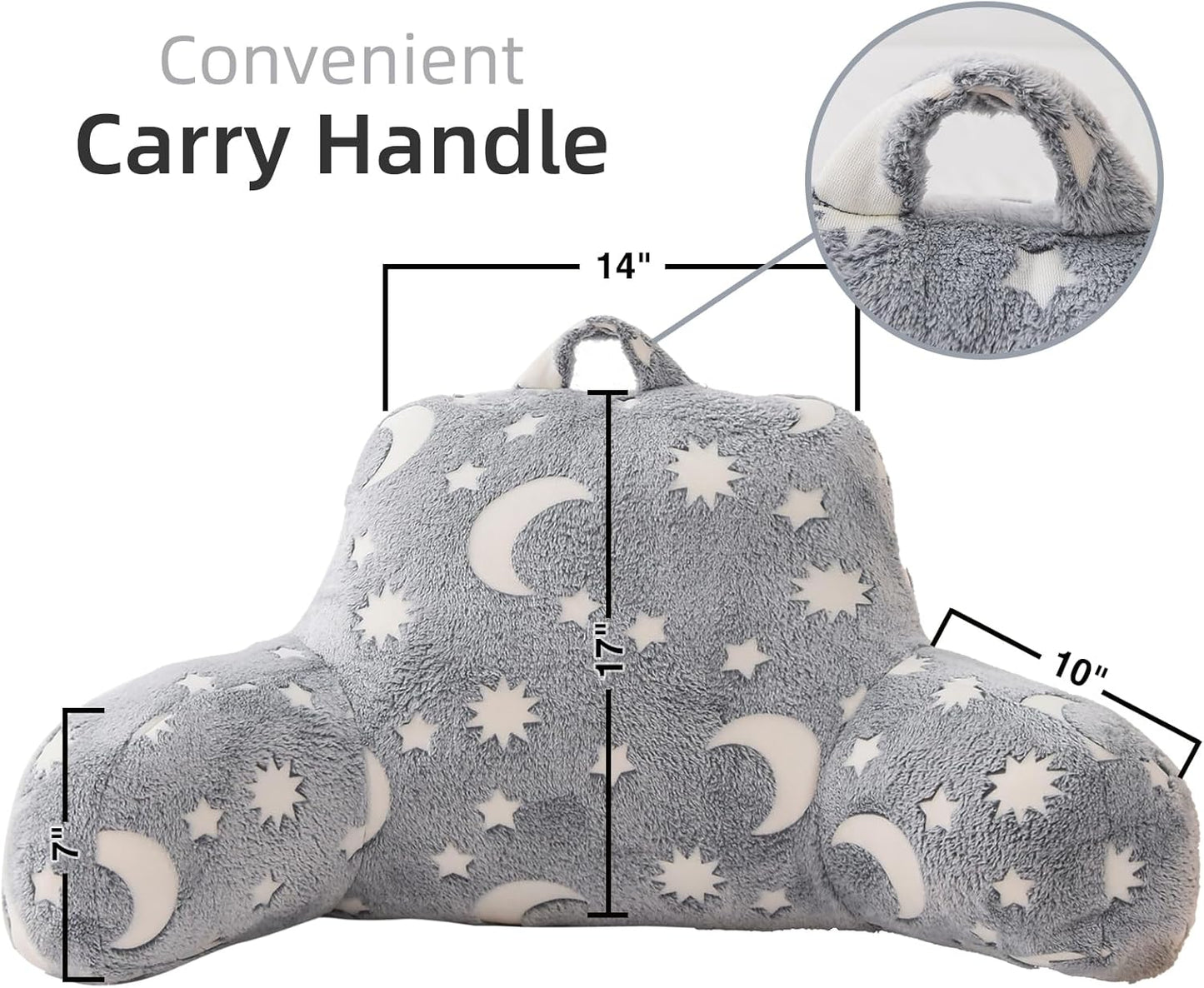 A Nice Night Star Moon Plush Reading Pillow Glow in The Dark Bed Wedge Children Backrest with Arms Back Support for Sitting Up in for Bedrest,Grey