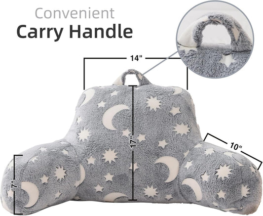 A Nice Night Star Moon Plush Reading Pillow Glow in The Dark Bed Wedge Children Backrest with Arms Back Support for Sitting Up in for Bedrest,Grey