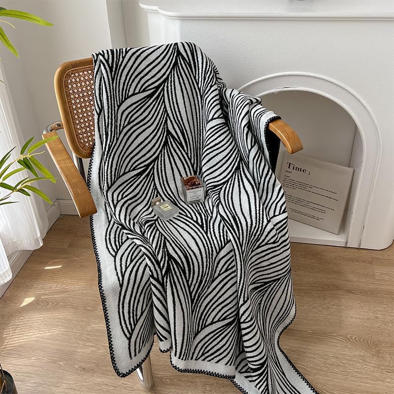 50x70 Inch Black and White Knitted Throw Blanket, Soft Patterned Lightweight Blanket for Couch, Sofa, Bed, Living Room Accent