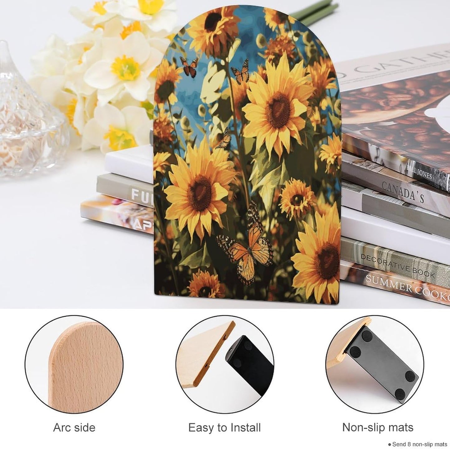 Sunflowers and Butterflies Bookend for Shelves Wooden Book End Large Size Sturdy Book Holders Stoppers with Metal Base for Bookshelves Slick Decorative Bookends Stands