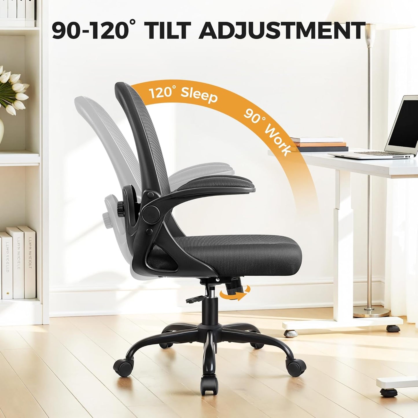 Primy Desk Chair Ergonomic Office Chair with Adjustable 3D Lumbar Support and Height, Comfy Mesh Computer Chair with Flip-up Armrests, Swivel Rolling Task Chair with Wheels for Home Office (Black)