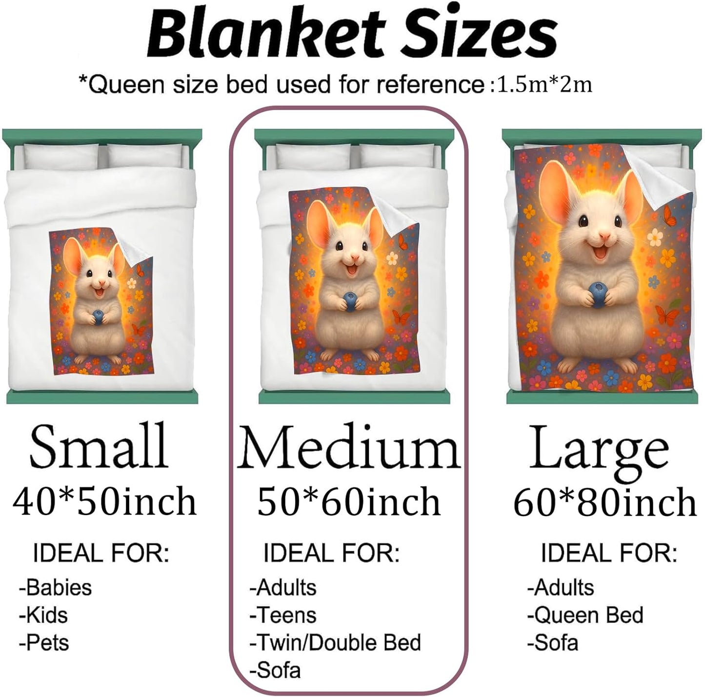 Cute White Mouse Blanket Flannel Throw Blankets for Animal Lovers, Lightweight Soft Cozy Cartoon with Blueberry Colorful Flower and Butterfly Print Sofa Couch Chair Bed Decor Gifts, 60x50inch