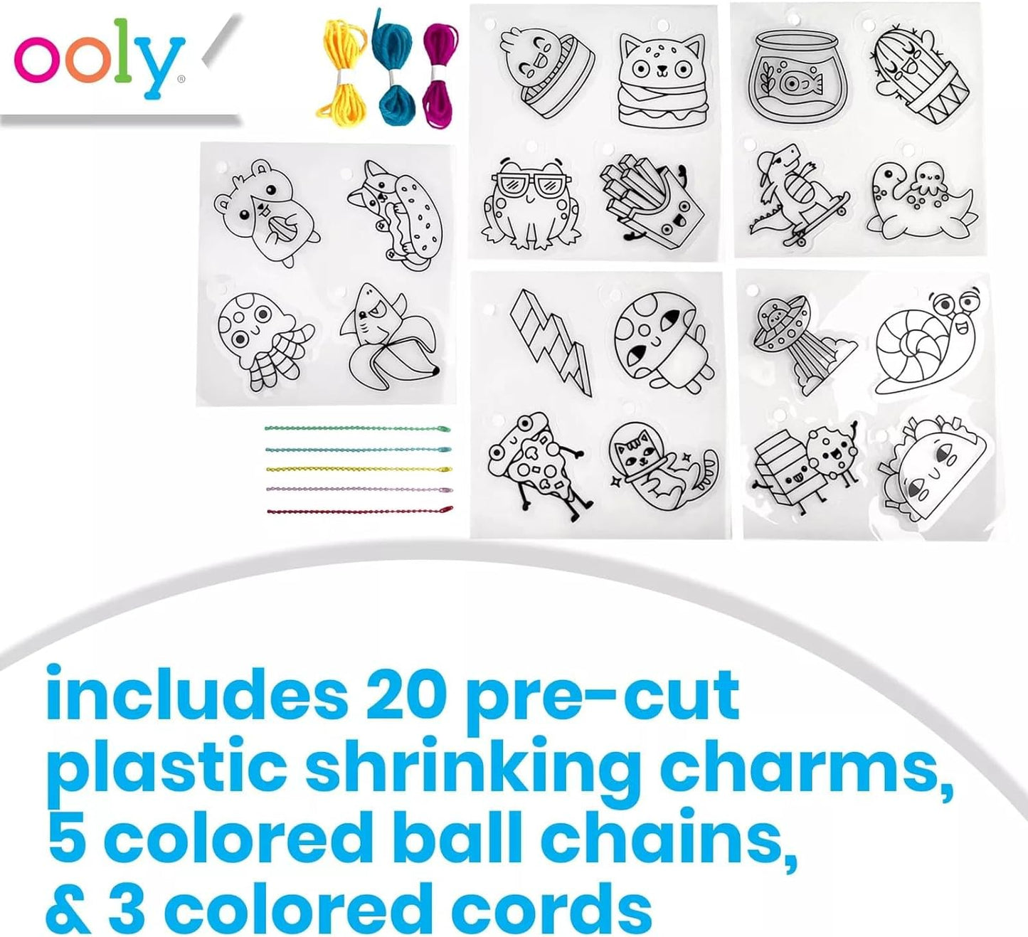 Ooly 28 PC DIY Shrinking Art Kit for Kids, 20 Plastic Pre Cut Charms and More, No Mess Creative Activity Jewelry Making Kit - Fun Friends
