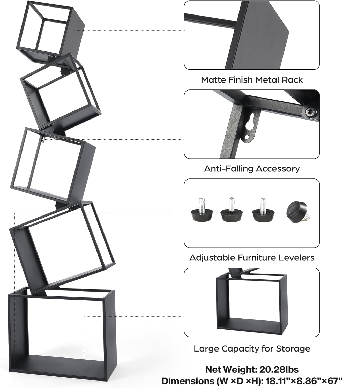 5-Tier Geometric Metal Bookshelf, Modern Unique Floor Corner Book Shelf 67", Display Storage Bookcase for Living Room, Bedroom, Office, Home Decor, Black