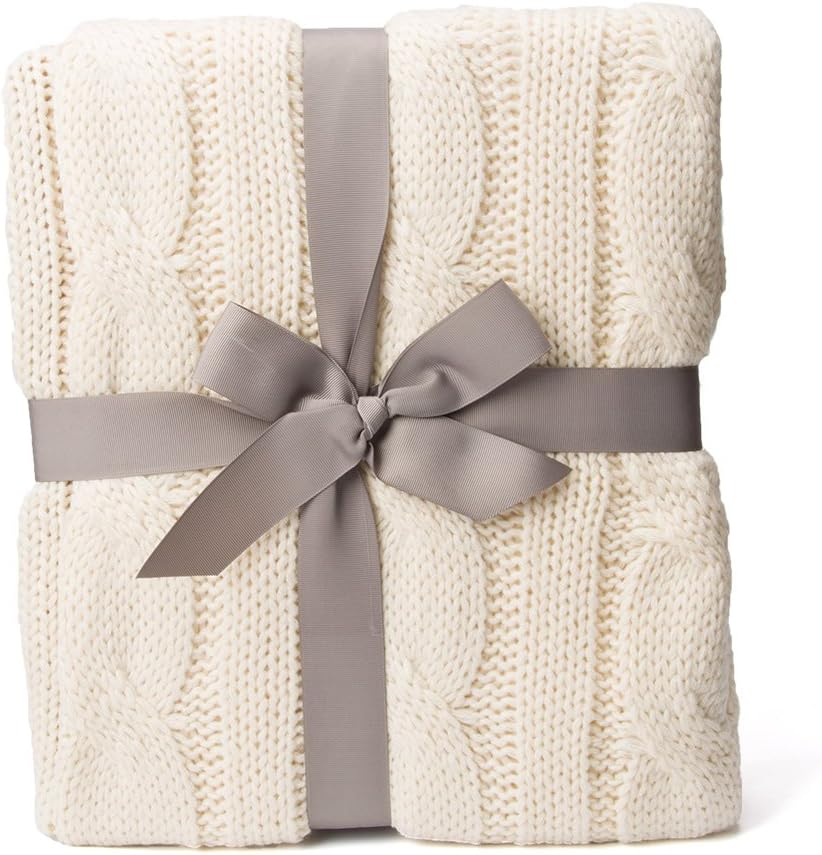Battilo Cream Ivory Cable Knit Throw Blankets for Couch, Super Soft Warm Cozy Decorative Knitted Throw Blanket for Bed, Sofa, Chair 50"x60"