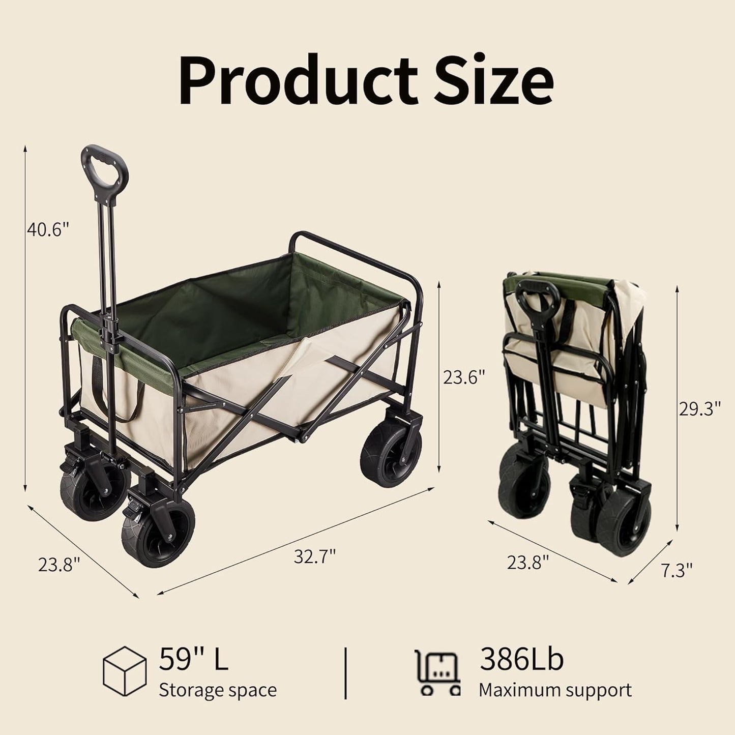 Heavy-Duty Camping Wagon Cart, 150L Extra Large Collapsible Utility Wagon with 440 lbs Capacity, 6.5" Solid Rubber All-Terrain Wheels, Dual Step-On Brakes, Adjustable Auto-Return Handle, Beige & Green