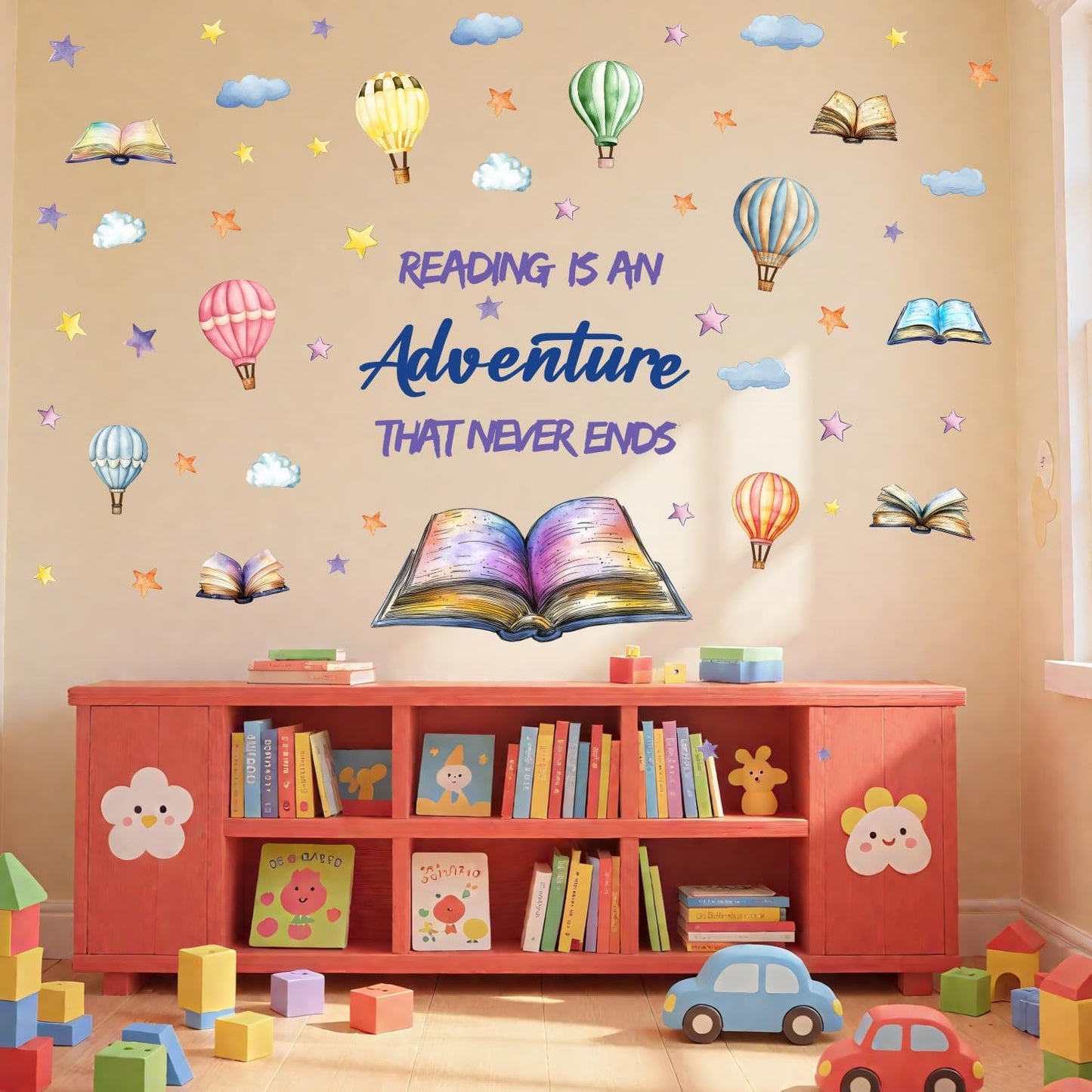 OLMIXA Reading Book with Hot Air Balloon Wall Decals, Reading is an Adventure That Never Ends Positive Quote Stickers, Vinyl Educatinal Read Book Wall Art for Library Classroom Playroom Decor