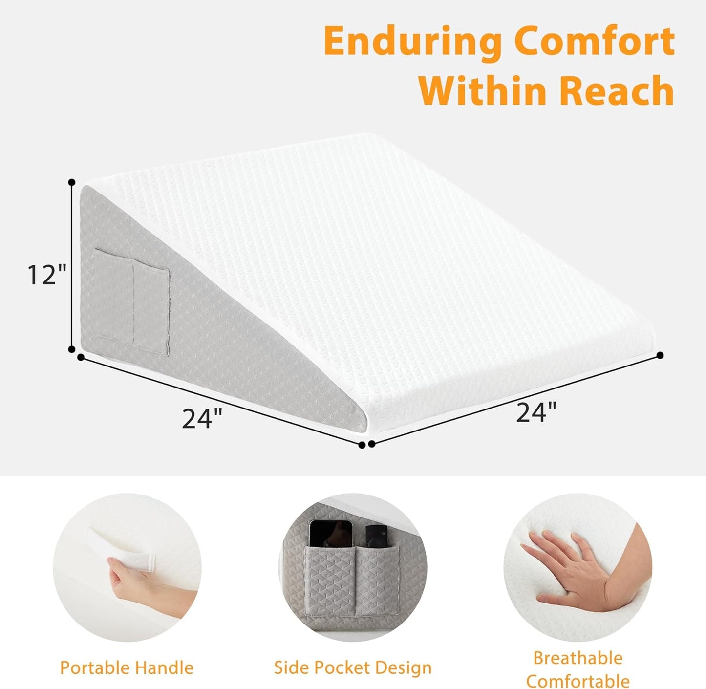 Wedge Pillow for Sleeping, 12" Bed Wedge Pillow for Headboard, Triangle Incline Wedges for Acid Reflux, Pillows Wedge for Back Pain Relief, Elevated Leg Pillows After Surgery, Snoring, White