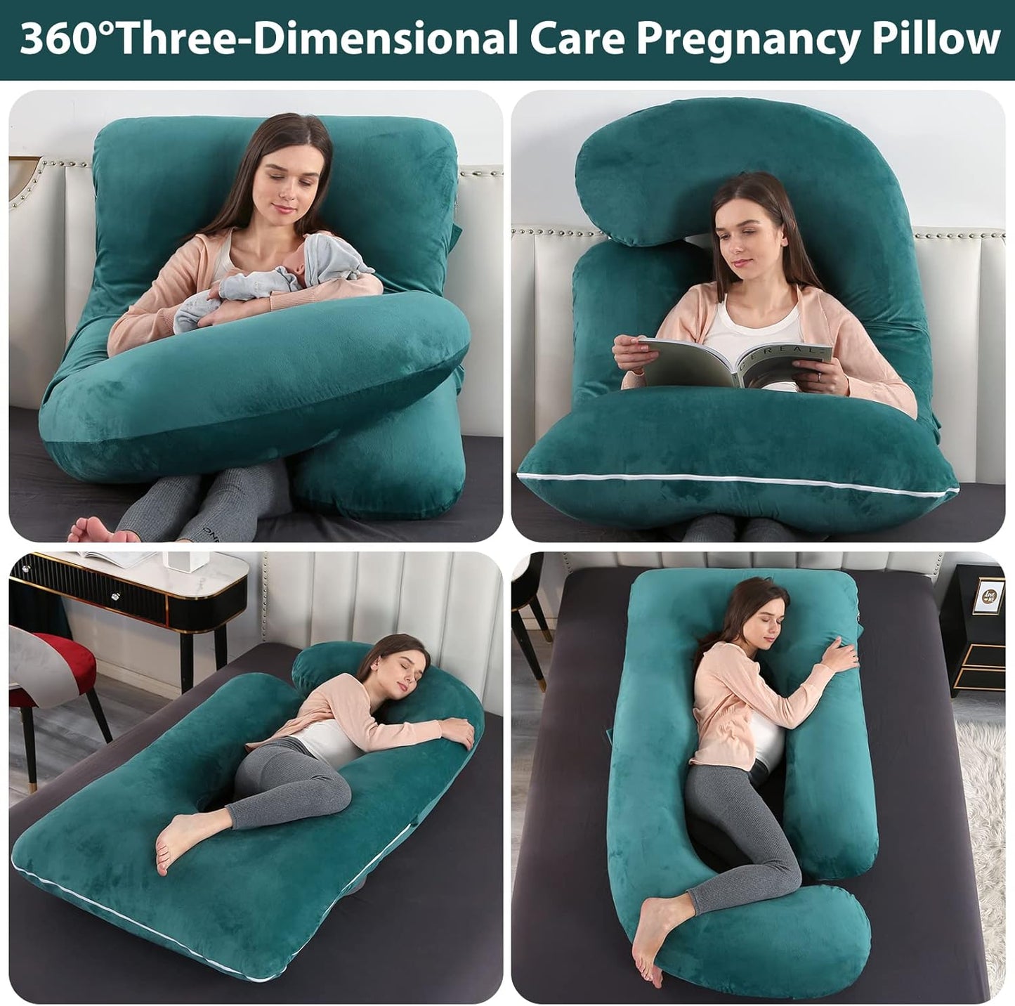 Full Body Pregnancy Pillow for Women-57 Inch U-Shaped Maternity Pillow with Removable Washable Cover Support for Back,Hips,Belly,Legs & Neck (Velvet,Forest Green)