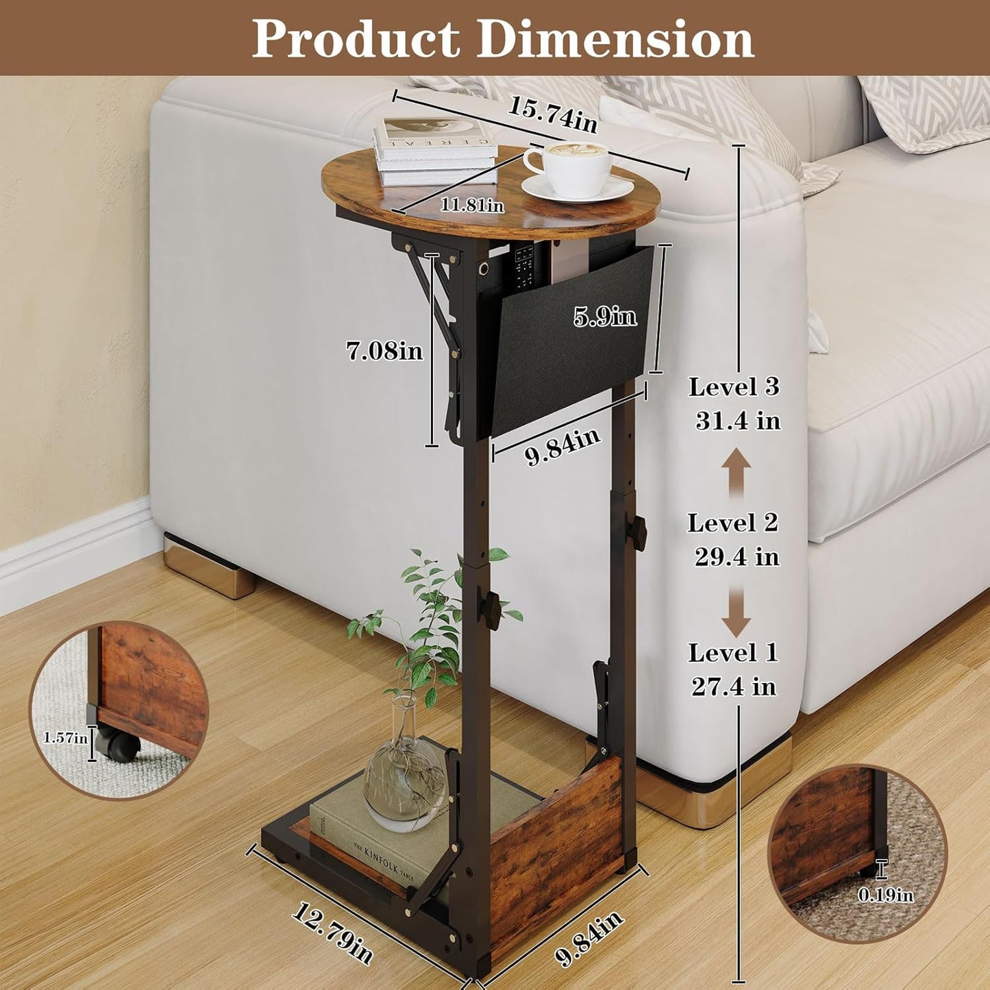 HavenlyYouth Folding C Shaped End Table, Small Side Table with Storage Bag for Sofa, Couch Table with Wheels, TV Tray Table for Living Room, Bedroom, Rustic Brown