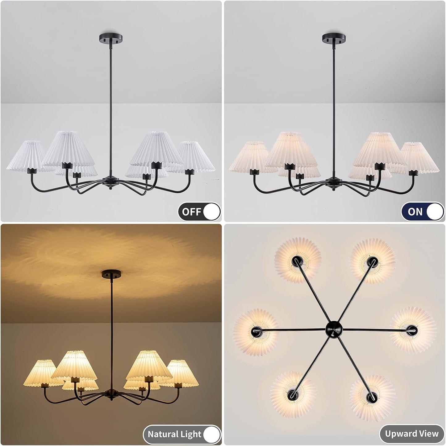 35.8'' Modern Farmhouse Chandelier with White Pleated Fabric Shades, 6-Light Black Hanging Pendant Light Fixture for Dining Living Room Kitchen Island Bedroom Foyer E26 Base