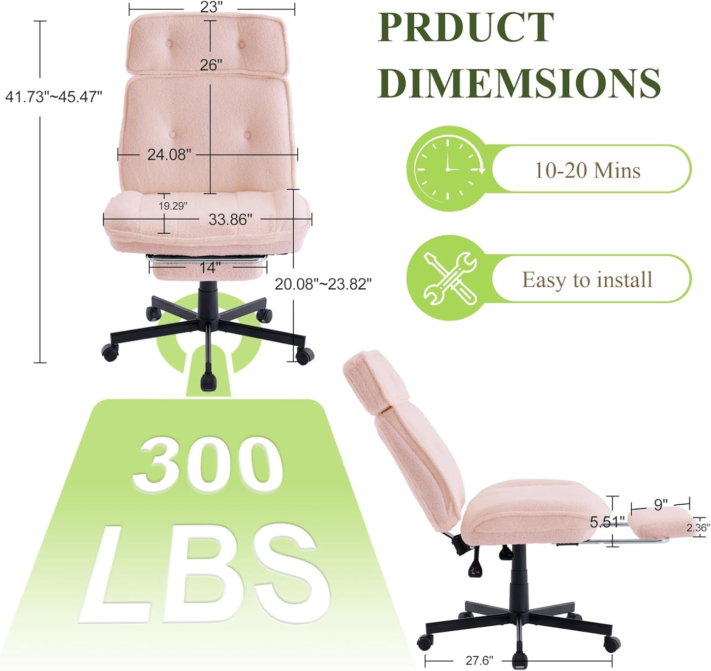 Criss Cross Chair with Wheels, Wide Seat Cross Legged Office Chair with Footrest, Adjustable Headrest & Reclining Backrest, Upholstered Ergonomic Desk Chair for Home Office, Gaming, Vanity (Pink)