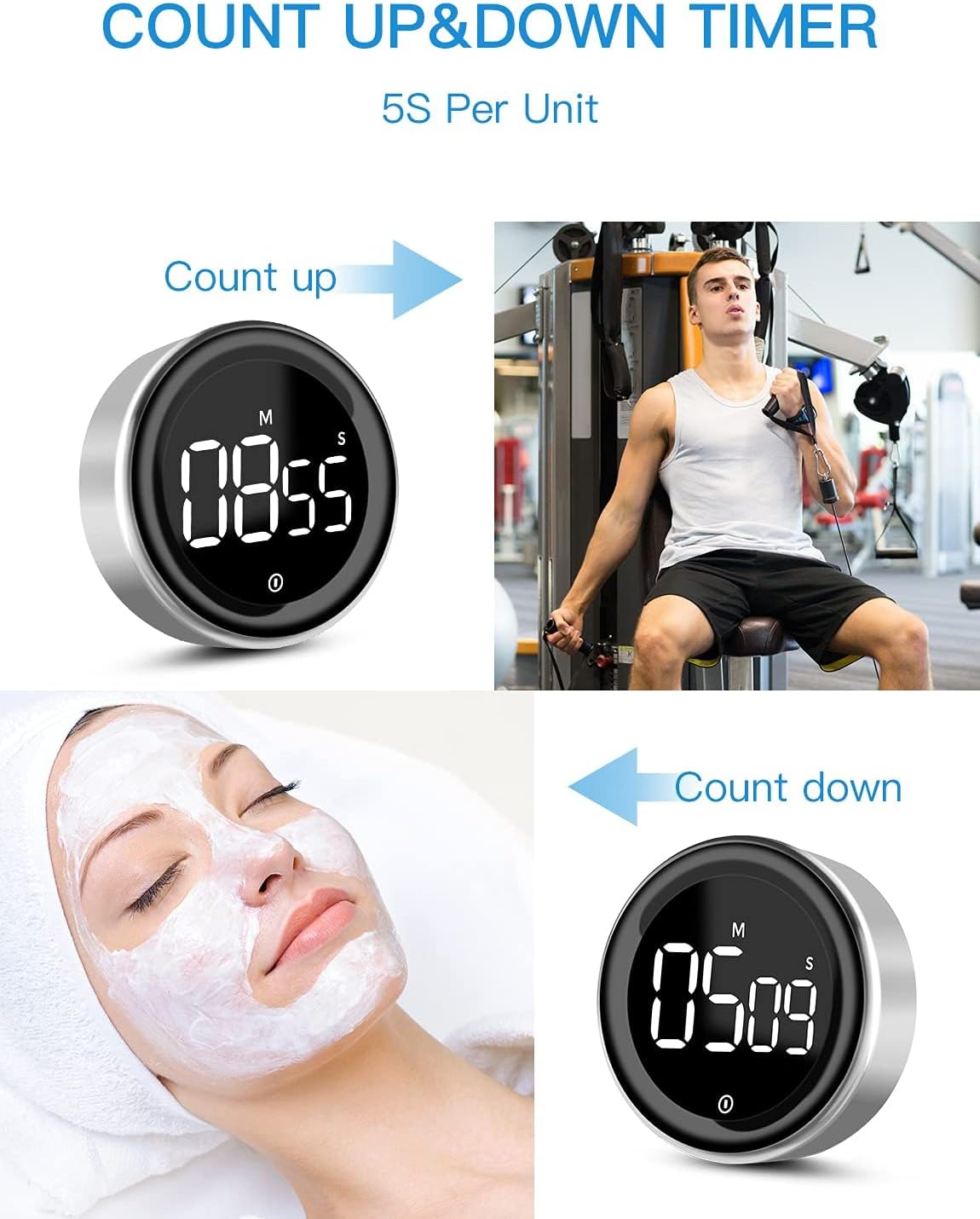 LIORQUE Digital Kitchen Timer, Magnetic Countdown Countup Timer with Large LED Display, 2 Brightness Levels, 3 Volume Levels, Productivity Timers for Classroom Cooking Fitness