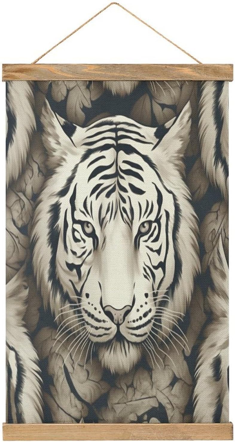 Vintage White Tiger Head Pattern Poster with Wooden Frame Personalized Linen Hanging Scroll Painting Rustic Wall Hanging Illustrative Modern Artwork Decor for Home Living Room Bedroom Office