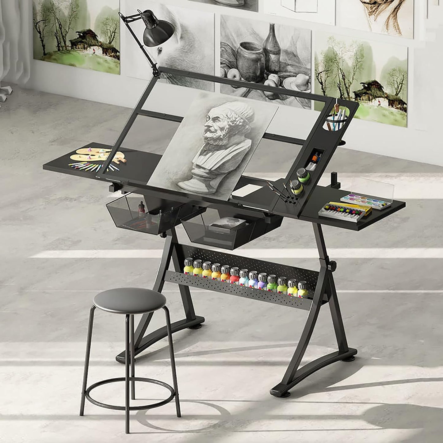 Drawing Tilting Tablet,Drawing Table Glass Drafting Table with Stool, Drawing Desk Art Table 2 Storage Drawers 71-93CM Height Adjustable 0-50° Tilting