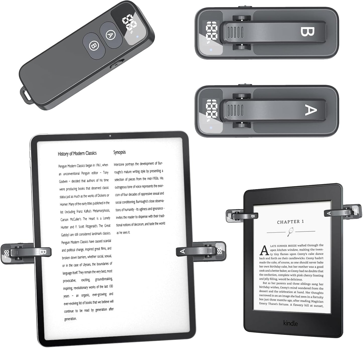 [2 Clips] Page Turner Remote for Kindle Paperwhite Remote Page Turner Accessories for Kindle & Ipad &Tablet Clip Clicker Rechargeable (Page Turner, Black Bar Model 2)