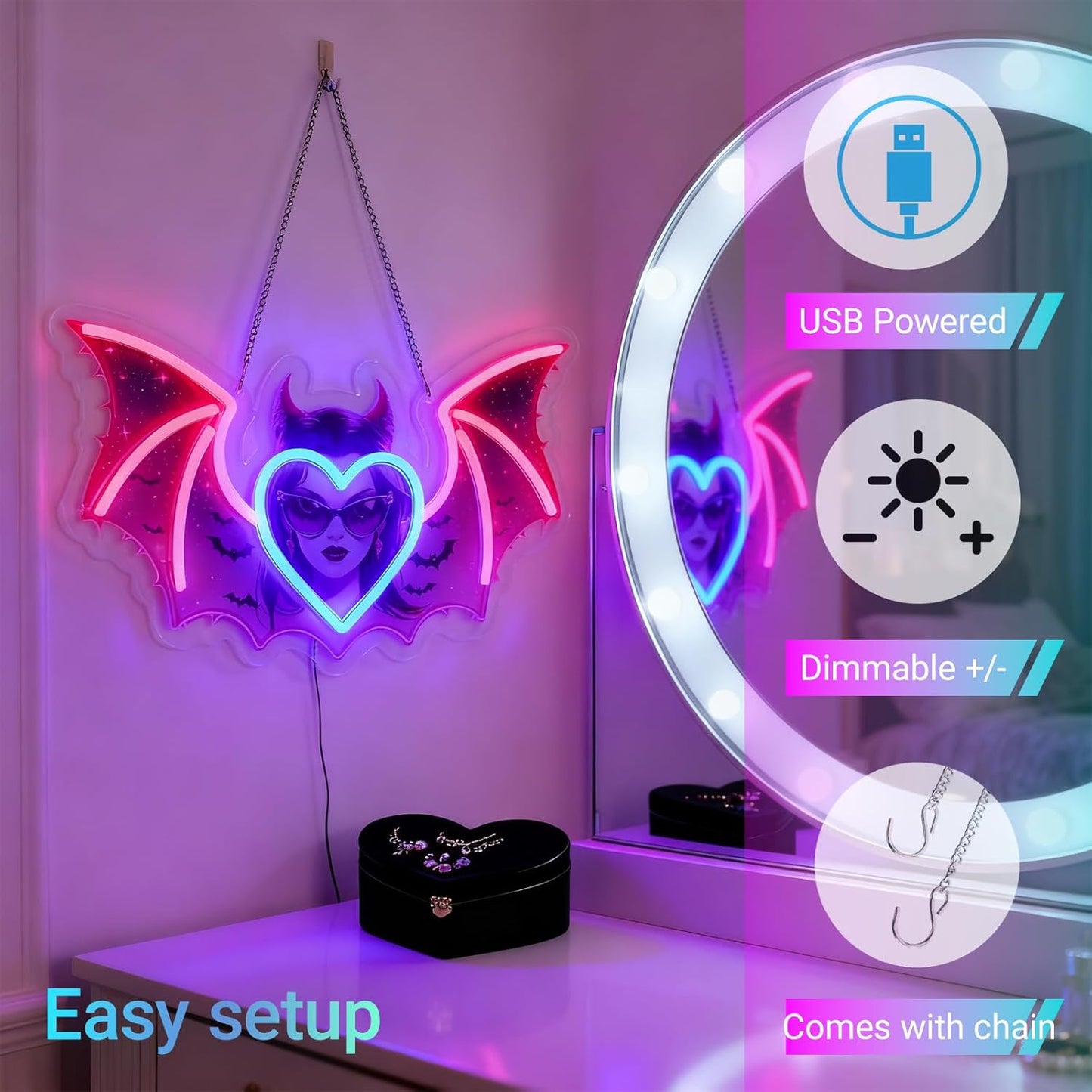 AuraCraft Monst High Neon Sign - 15.7" x 10" Gothic Vampire LED Wall Light, Red/Blue Glow, Dimmable USB Decor - Dark Fantasy Gift for Game Room