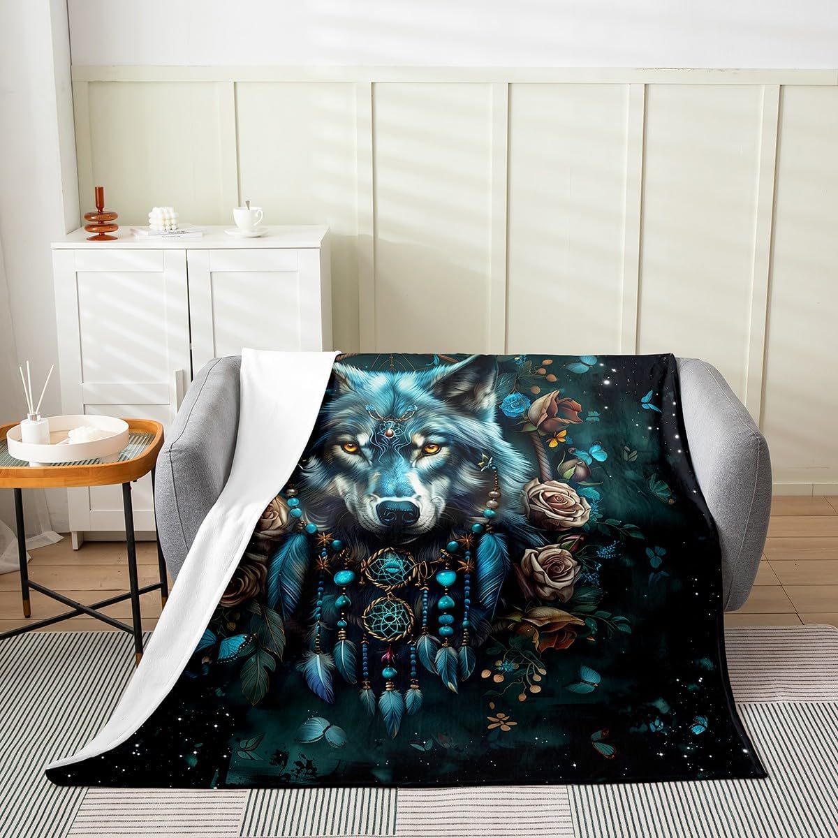 Feelyou Wolf Flannel Fleece Throw Blanket for Kids Boys Wolves Howling All Season Bed Blanket Twin 60"x80" Dreamcatcher Fuzzy Blanket for Sofa Couch Boho Dream Catcher Decor Plush Blanket, Teal