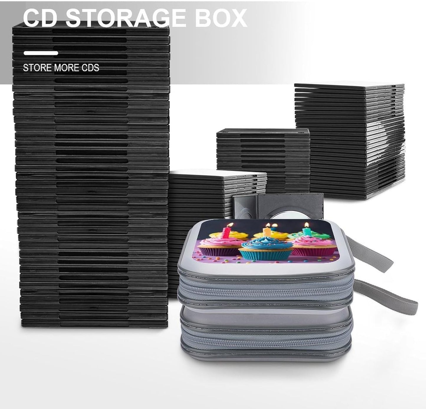 Colorful Happy Birthday Cupcakes CD Case 40 Capacity Case Zipper CD Collection Bag with Handles Cover DVD Storage Hard Plastic DVD Disc Cases Storage Binder for Car Home Office Travel