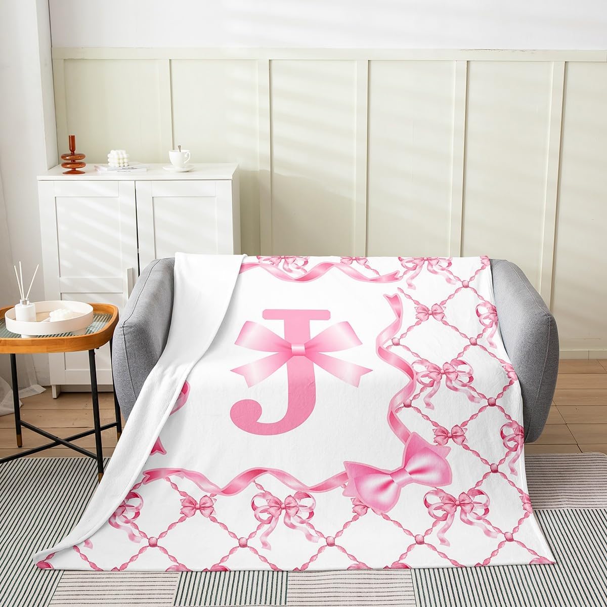 Erosebridal Aesthetic Bowknot Blanket Queen 90x90 Coquette Preppy Bow Flannel Blanket with Monogrammed Initial Design Letter J Sofa Bed Couch Decor