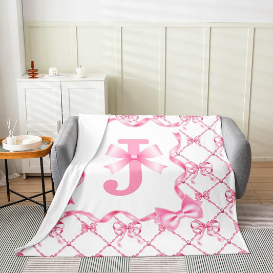 Erosebridal Aesthetic Bowknot Blanket Queen 90x90 Coquette Preppy Bow Flannel Blanket with Monogrammed Initial Design Letter J Sofa Bed Couch Decor
