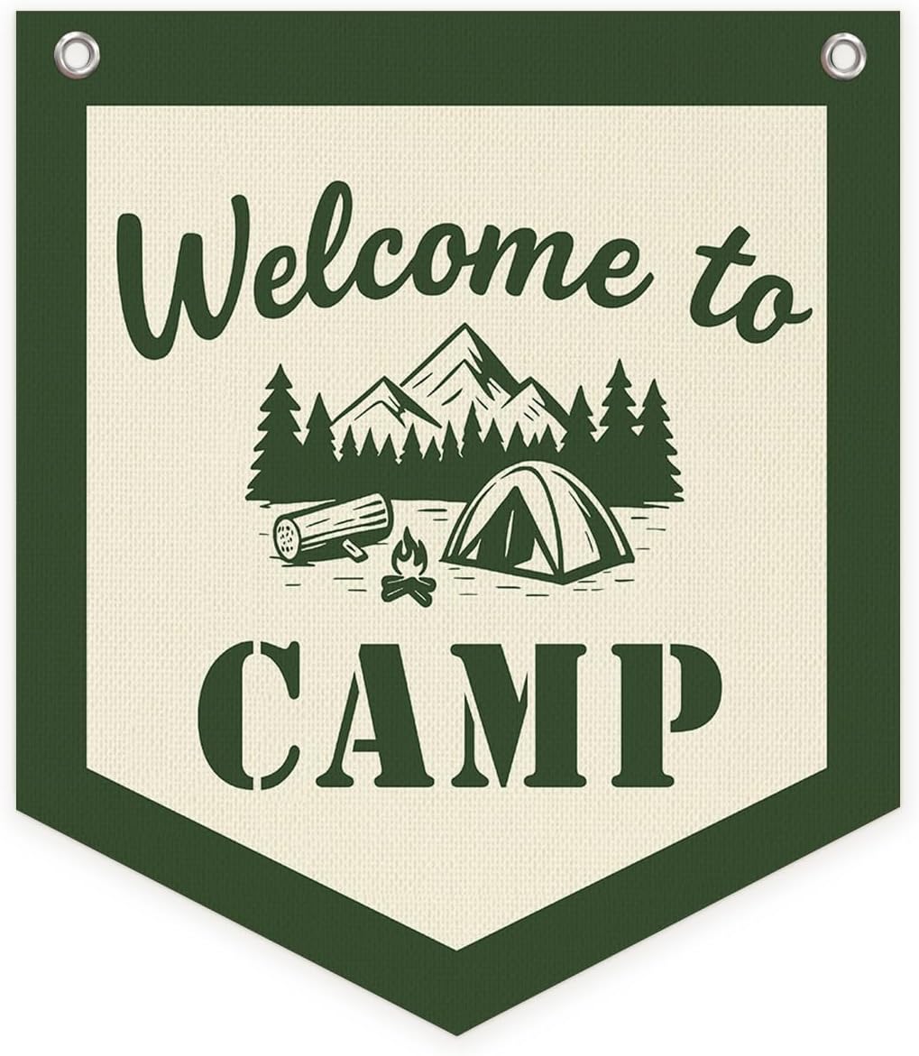 Camping Decor Camp Sign Banner, Welcome to Camp Wall Pennant Banner Flag Classroom Decor, Retro Green Camping Hanging Wall Decor for Kids Nursery Toddler Room Bedroom Playroom Classroom