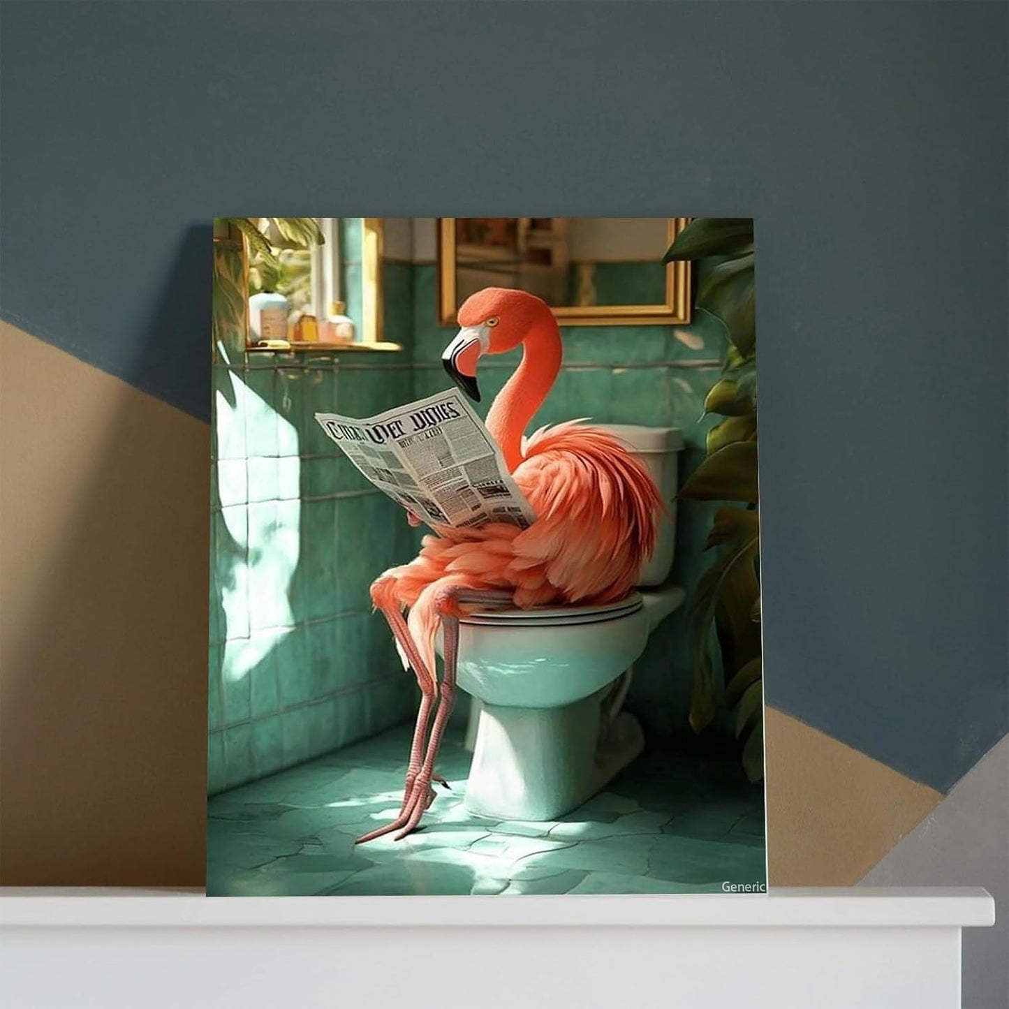Bathroom Animal Poster Decor Flamingo on The Toilet and Reading Newspaper Bathroom Wall Decor Home Decor Frame-Style 8x10inch