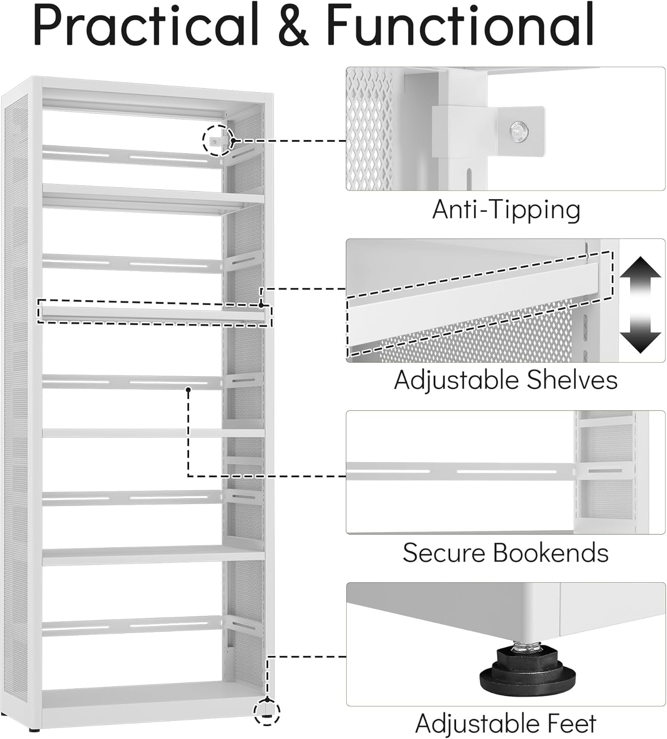 [Heavy Duty] Metal 5 Tier Bookshelf, 68" Tall Bookcase, Large Open Storage Shelf, Floor Standing Bookshelves and Bookcases for Home Office, Library, Living Room, Bedroom, White, Assemble Required