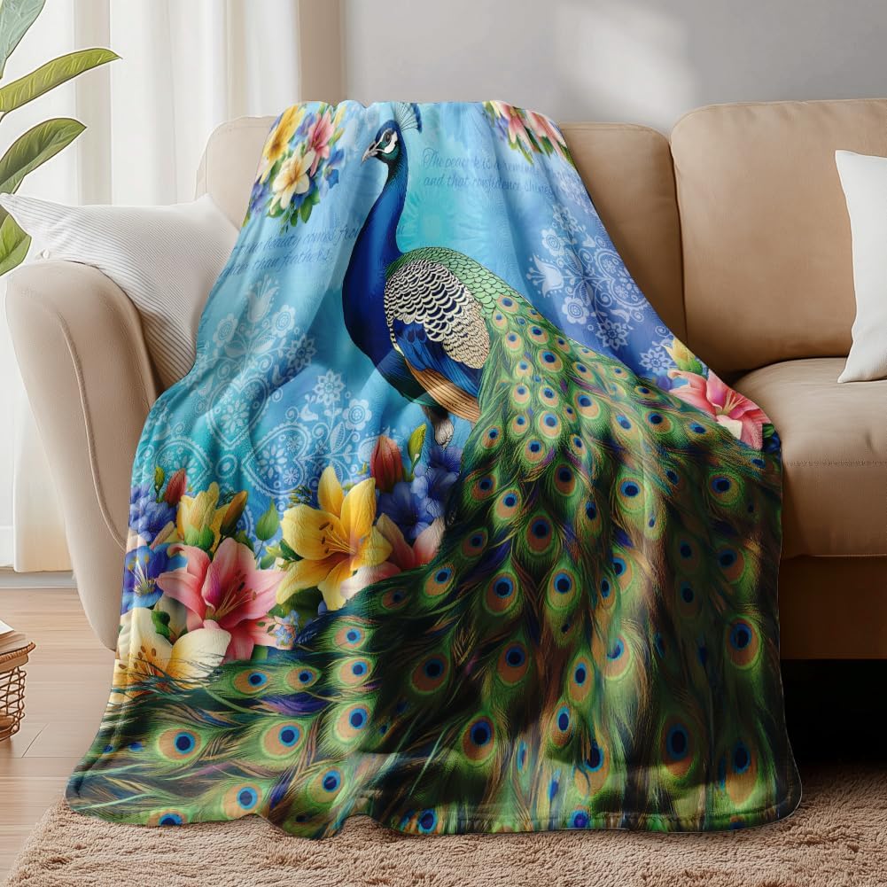 WADORN Vintage Peacock Throw Blanket, 500GSM,Elegant Peacock Floral Cozy Throw Blanket Fuzzy Soft Flannel Fleece Blanket for Home Office Bedroom Living Room Camping Sofa Bed Couch Holiday, 51x59 Inch