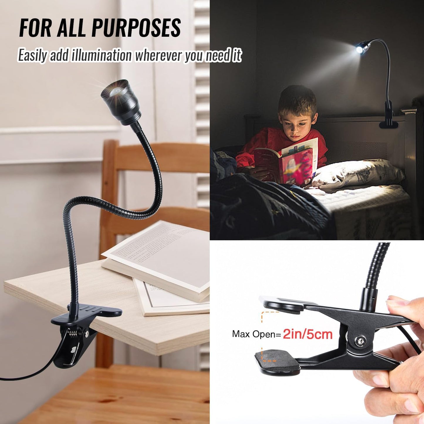 Zoomable Clip on Lamp, USB LED Clamp Reading Light for Dorm Bed Headboard, Dimmable Spotlight with 3 Color Temperature Options, 10 Brightness Levels for Working, Studying, Sewing