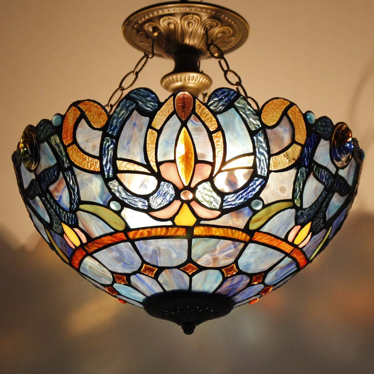 WERFACTORY Tiffany Ceiling Light Fixture Blue Purple Cloudy Stained Glass Semi Flush Mount Lamp Wide 16 Inch Height 15 Inch Tiffany Ceiling Lamp S558 Series
